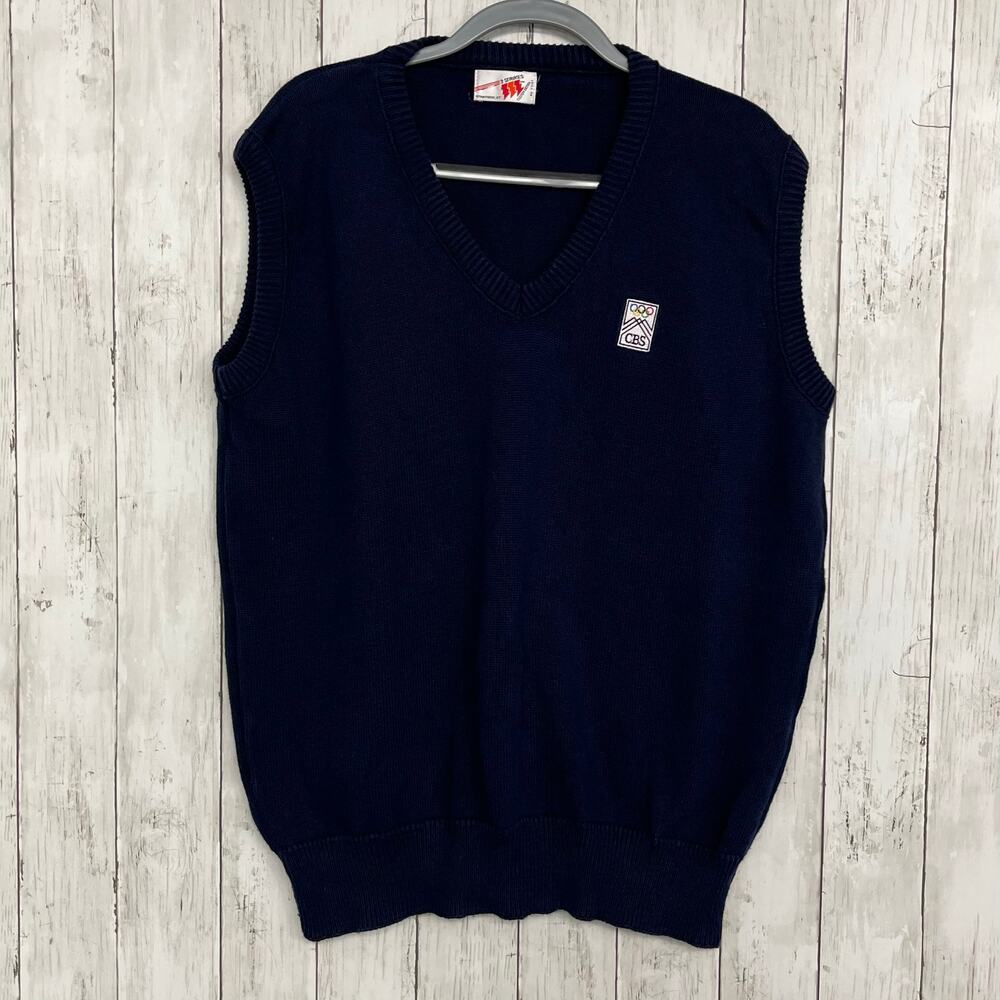 Vintage CBS News Olympics Blue Knit Sweater Vest 90s Media Core Retro Sports